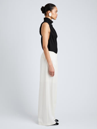 Proenza Schouler Side full length image of model wearing Taryn Top in Jacquard Flou in Black