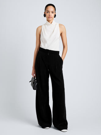 Proenza Schouler Front full length image of model wearing Taryn Top in Jacquard Flou in Off White