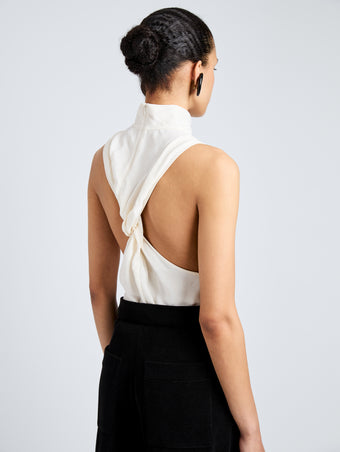 Proenza Schouler Detail image of model wearing Taryn Top in Jacquard Flou in Off White