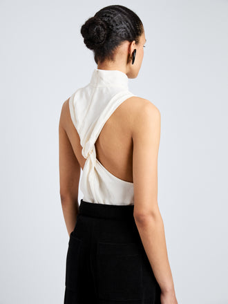 Proenza Schouler Detail image of model wearing Taryn Top in Jacquard Flou in Off White
