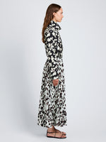 Proenza Schouler Side full length image of model wearing Runa Skirt in Printed Soft Twill in Acqua Floral