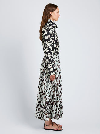 Proenza Schouler Side full length image of model wearing Runa Skirt in Printed Soft Twill in Acqua Floral