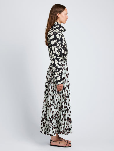 Proenza Schouler Side full length image of model wearing Runa Skirt in Printed Soft Twill in Acqua Floral