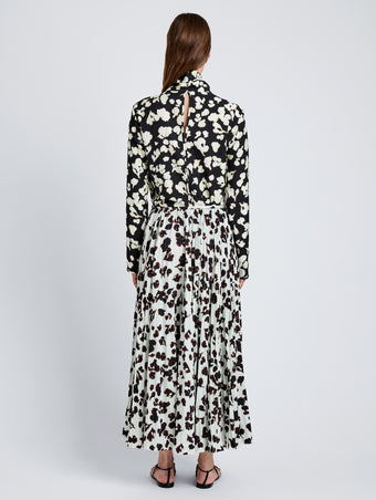 Proenza Schouler Back full length image of model wearing Runa Skirt in Printed Soft Twill in Acqua Floral