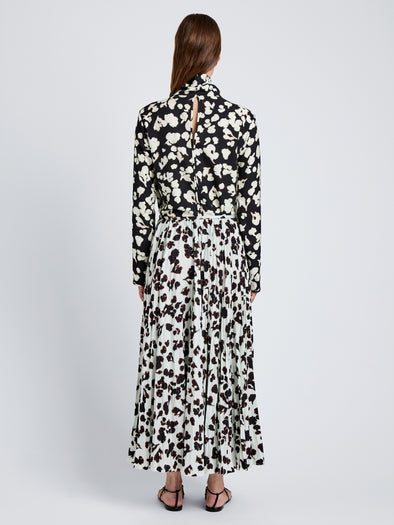 Proenza Schouler Back full length image of model wearing Runa Skirt in Printed Soft Twill in Acqua Floral