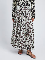 Proenza Schouler Detail image of model wearing Runa Skirt in Printed Soft Twill in Acqua Floral