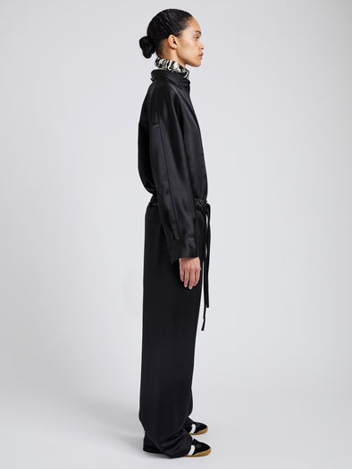 Proenza Schouler Side full length image of model wearing Magnus Pant in Crinkled Crepe in Black