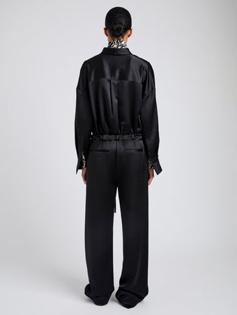 Proenza Schouler Back full length image of model wearing Magnus Pant in Crinkled Crepe in Black