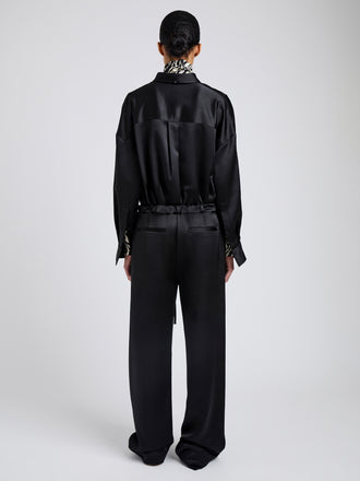 Proenza Schouler Back full length image of model wearing Magnus Pant in Crinkled Crepe in Black