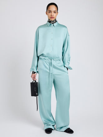 Proenza Schouler Front full length image of model wearing Magnus Pant in Crinkled Crepe in Sea Glass