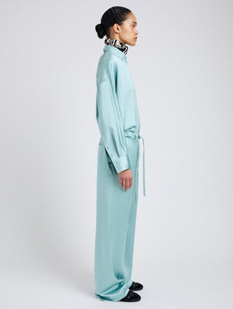Proenza Schouler Side full length image of model wearing Magnus Pant in Crinkled Crepe in Sea Glass