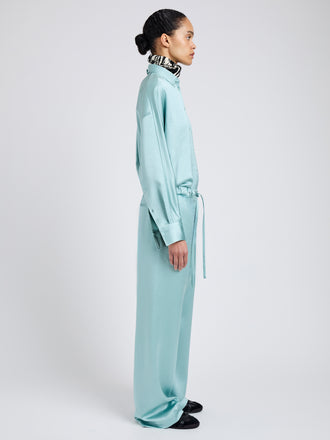 Proenza Schouler Side full length image of model wearing Magnus Pant in Crinkled Crepe in Sea Glass