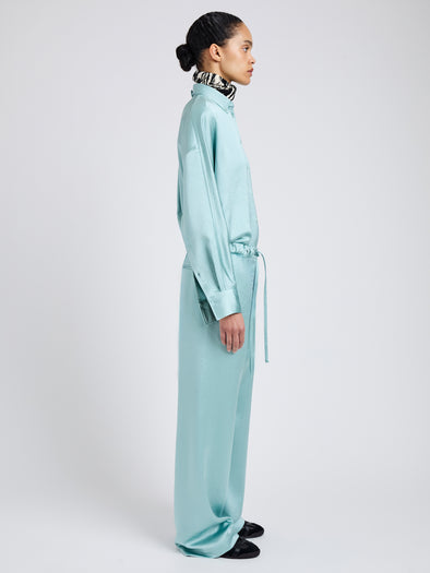 Proenza Schouler Side full length image of model wearing Magnus Pant in Crinkled Crepe in Sea Glass