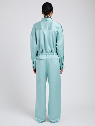 Proenza Schouler Back full length image of model wearing Magnus Pant in Crinkled Crepe in Sea Glass