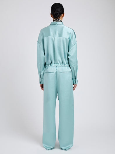 Proenza Schouler Back full length image of model wearing Magnus Pant in Crinkled Crepe in Sea Glass