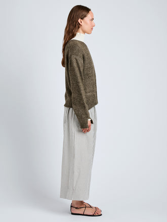 Proenza Schouler Side full length image of model wearing Meadow Pant in Check Shirting in Grey Multi