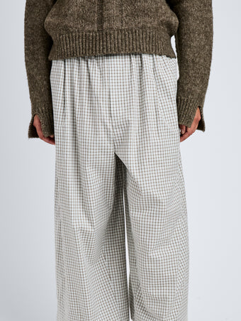 Proenza Schouler Detail image of model wearing Meadow Pant in Check Shirting in Grey Multi