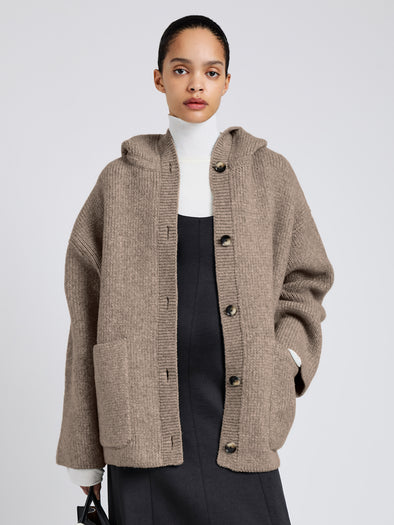 Proenza Schouler Front cropped image of model wearing Nelly Jacket in Melange Merino in Walnut Melange