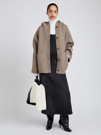Proenza Schouler Front full length image of model wearing Nelly Jacket in Melange Merino in Walnut Melange