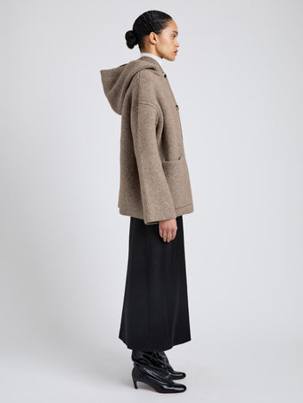 Proenza Schouler Side full length image of model wearing Nelly Jacket in Melange Merino in Walnut Melange