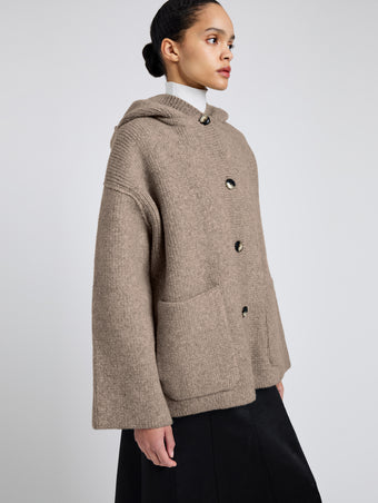 Proenza Schouler Detail image of model wearing Nelly Jacket in Melange Merino in Walnut Melange