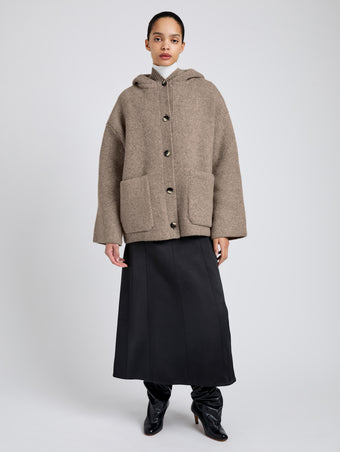 Proenza Schouler Front full length image of model wearing Nelly Jacket in Melange Merino in Walnut Melange