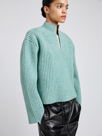 Proenza Schouler Detail image of model wearing Meron Sweater in Melange Merino in Sea Glass Melange