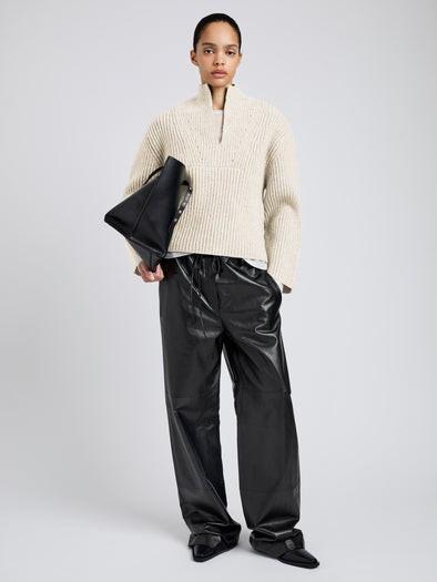 Proenza Schouler Front full length image of model wearing Meron Sweater in Melange Merino in Off White Melange