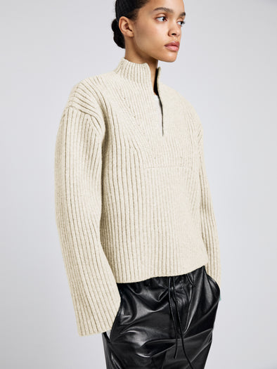 Proenza Schouler Detail image of model wearing Meron Sweater in Melange Merino in Off White Melange