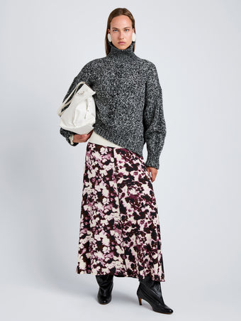 Proenza Schouler Front full length image of model wearing Sol Sweater in Melange Alpaca in BlackWhite Melange