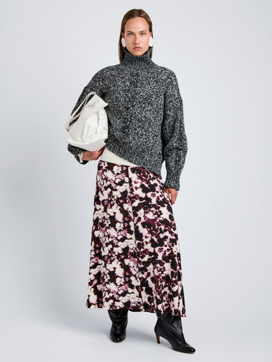 Proenza Schouler Front full length image of model wearing Sol Sweater in Melange Alpaca in BlackWhite Melange