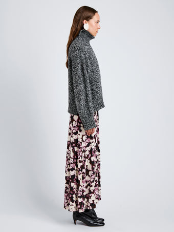 Proenza Schouler Side full length image of model wearing Sol Sweater in Melange Alpaca in BlackWhite Melange