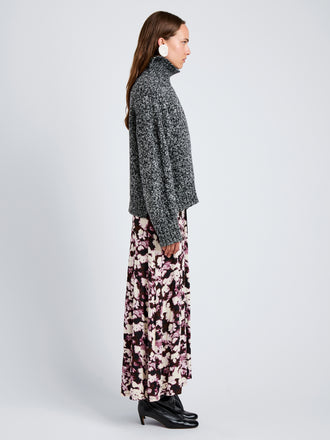 Proenza Schouler Side full length image of model wearing Sol Sweater in Melange Alpaca in BlackWhite Melange
