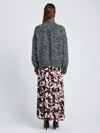 Proenza Schouler Back full length image of model wearing Sol Sweater in Melange Alpaca in BlackWhite Melange