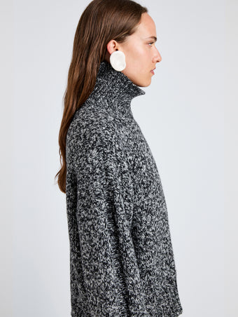 Proenza Schouler Detail image of model wearing Sol Sweater in Melange Alpaca in BlackWhite Melange