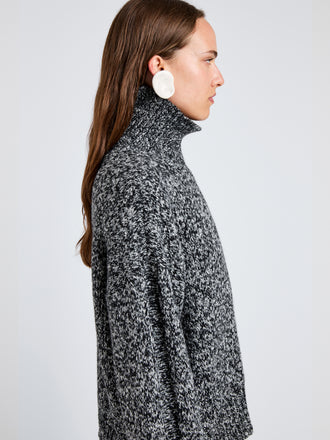 Proenza Schouler Detail image of model wearing Sol Sweater in Melange Alpaca in BlackWhite Melange