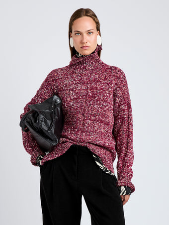 Proenza Schouler Front cropped image of model wearing Sol Sweater in Melange Alpaca in Wine Melange