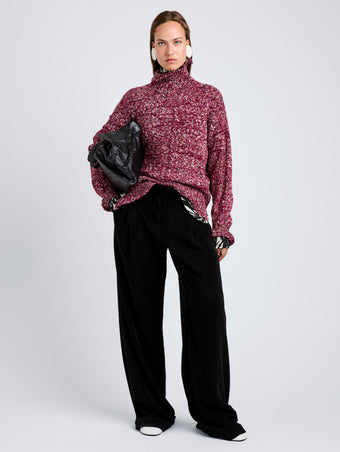 Proenza Schouler Front full length image of model wearing Sol Sweater in Melange Alpaca in Wine Melange