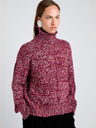 Proenza Schouler Detail image of model wearing Sol Sweater in Melange Alpaca in Wine Melange
