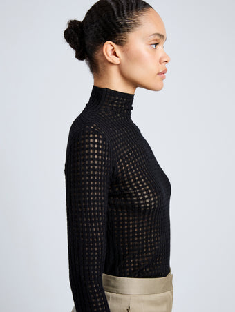 Proenza Schouler Detail image of model wearing Zella Top in Check Merino in Black