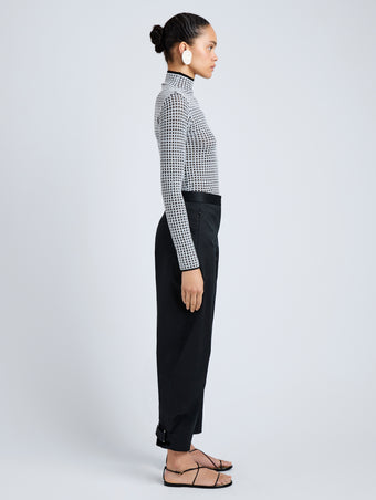 Proenza Schouler Side full length image of model wearing Zella Top in Check Merino in BlackJade
