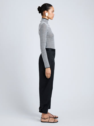 Proenza Schouler Side full length image of model wearing Zella Top in Check Merino in BlackJade
