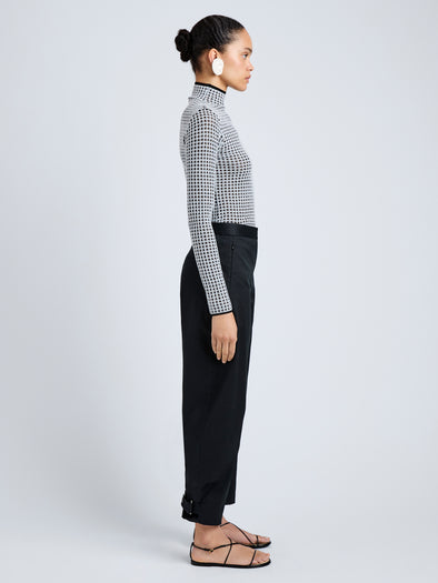 Proenza Schouler Side full length image of model wearing Zella Top in Check Merino in BlackJade