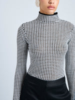 Proenza Schouler Detail image of model wearing Zella Top in Check Merino in BlackJade