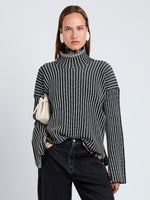 Proenza Schouler Front cropped image of model wearing Elysia Sweater in Ladder Stripe Knits in BlackWhite