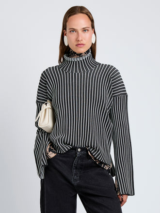 Proenza Schouler Front cropped image of model wearing Elysia Sweater in Ladder Stripe Knits in BlackWhite