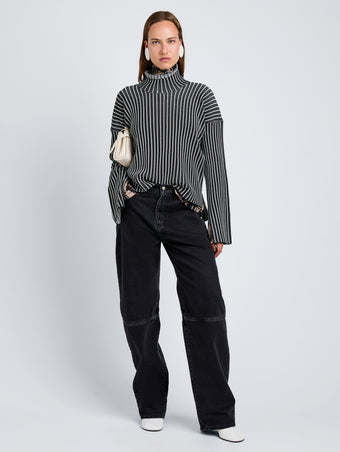 Proenza Schouler Front full length image of model wearing Elysia Sweater in Ladder Stripe Knits in BlackWhite