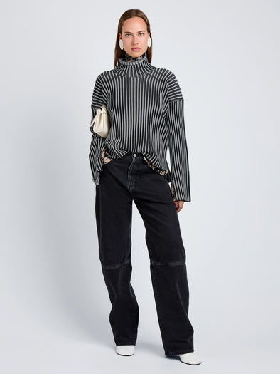 Proenza Schouler Front full length image of model wearing Elysia Sweater in Ladder Stripe Knits in BlackWhite