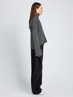 Proenza Schouler Side full length image of model wearing Elysia Sweater in Ladder Stripe Knits in BlackWhite