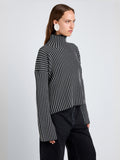 Proenza Schouler Detail image of model wearing Elysia Sweater in Ladder Stripe Knits in BlackWhite